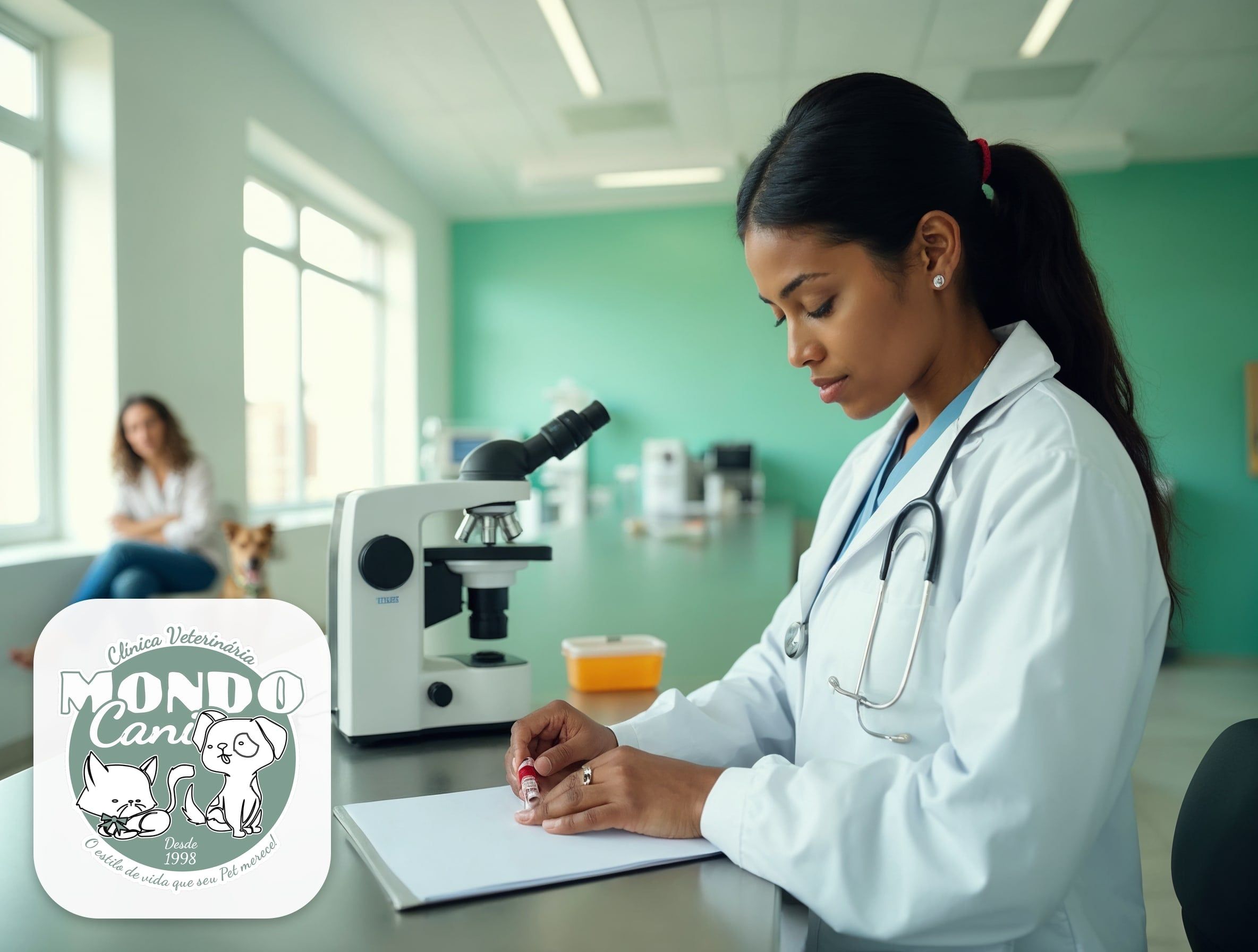 Veterinária analisando amostra de sangue no laboratório da Mondo Cani em Cáceres
